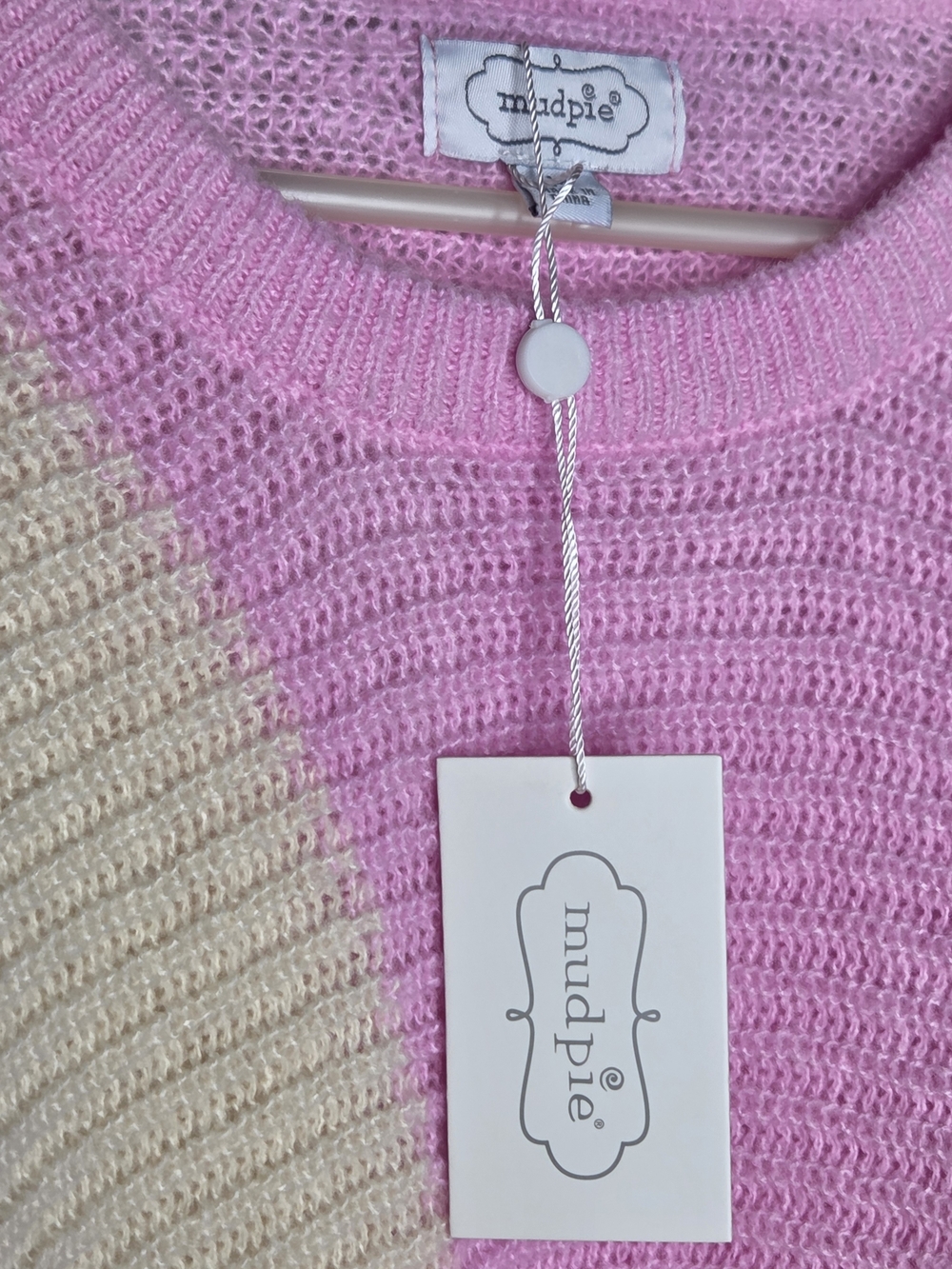Mud Pie Two-Tone Pink and Cream Crewneck Sweater - Picture 2 of 9